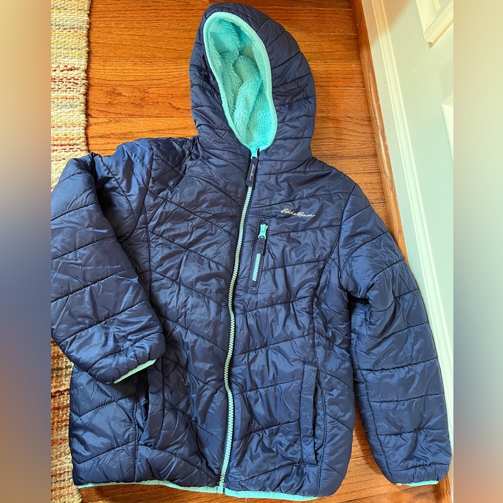 Eddie Bauer Kids Deer Harbor Reversible Hooded Jacket Navy/Aqua Size M 10/12
